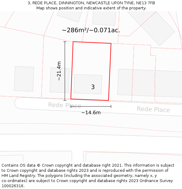 3, REDE PLACE, DINNINGTON, NEWCASTLE UPON TYNE, NE13 7FB: Plot and title map