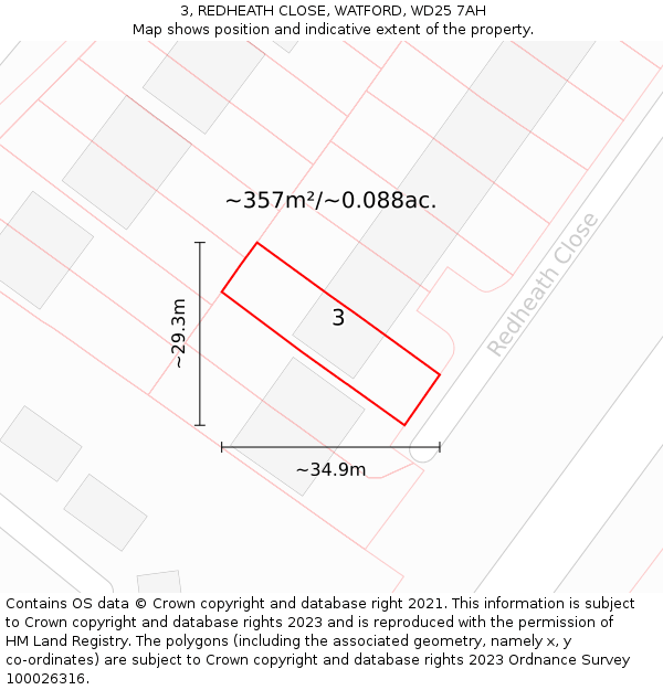 3, REDHEATH CLOSE, WATFORD, WD25 7AH: Plot and title map