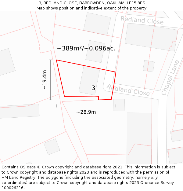 3, REDLAND CLOSE, BARROWDEN, OAKHAM, LE15 8ES: Plot and title map