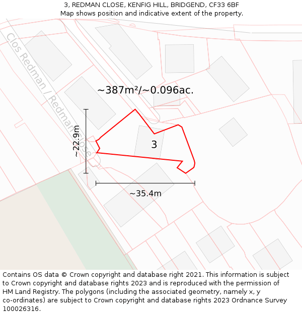 3, REDMAN CLOSE, KENFIG HILL, BRIDGEND, CF33 6BF: Plot and title map