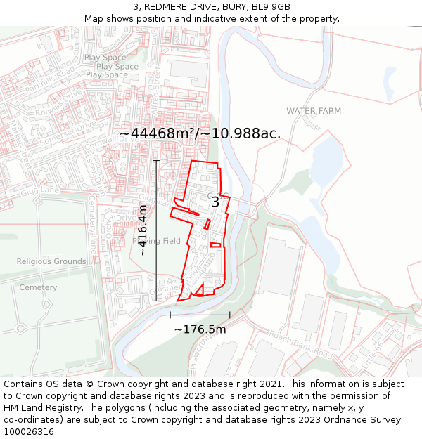 3, REDMERE DRIVE, BURY, BL9 9GB: Plot and title map