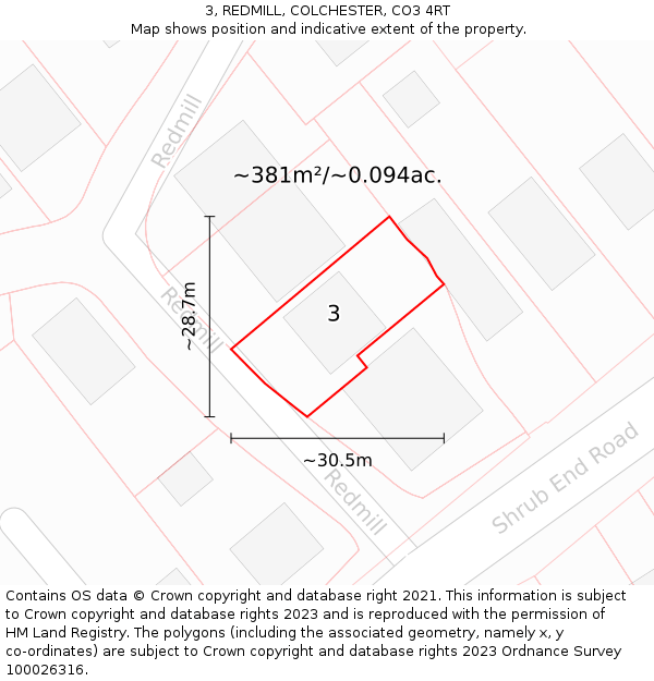 3, REDMILL, COLCHESTER, CO3 4RT: Plot and title map