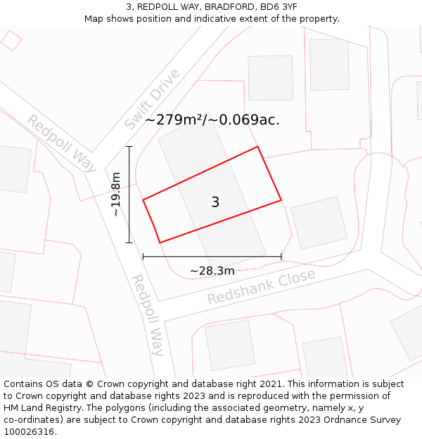 3, REDPOLL WAY, BRADFORD, BD6 3YF: Plot and title map