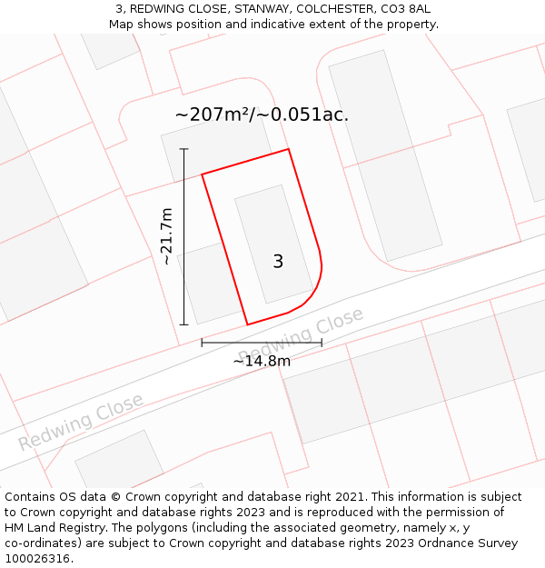 3, REDWING CLOSE, STANWAY, COLCHESTER, CO3 8AL: Plot and title map