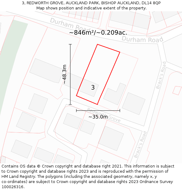 3, REDWORTH GROVE, AUCKLAND PARK, BISHOP AUCKLAND, DL14 8QP: Plot and title map