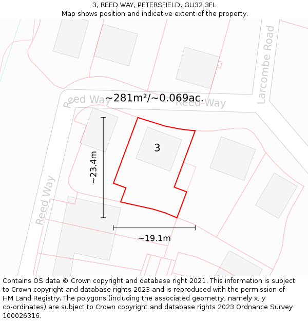 3, REED WAY, PETERSFIELD, GU32 3FL: Plot and title map