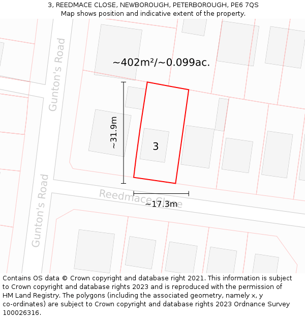 3, REEDMACE CLOSE, NEWBOROUGH, PETERBOROUGH, PE6 7QS: Plot and title map