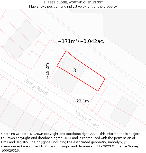 3, REES CLOSE, WORTHING, BN13 3ST: Plot and title map
