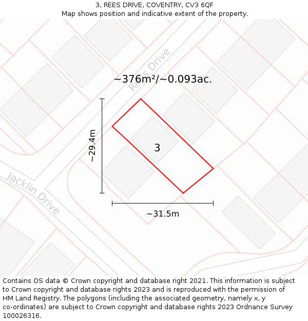 3, REES DRIVE, COVENTRY, CV3 6QF: Plot and title map