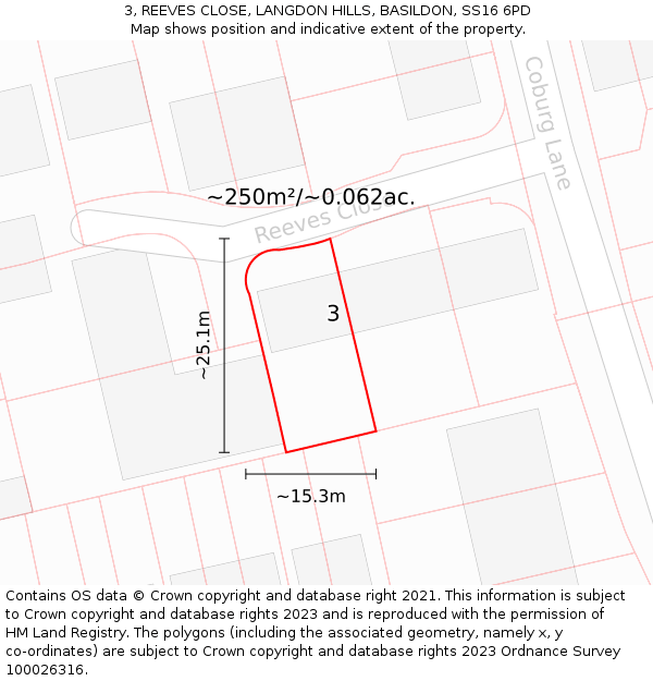 3, REEVES CLOSE, LANGDON HILLS, BASILDON, SS16 6PD: Plot and title map