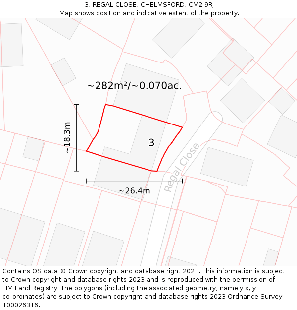 3, REGAL CLOSE, CHELMSFORD, CM2 9RJ: Plot and title map