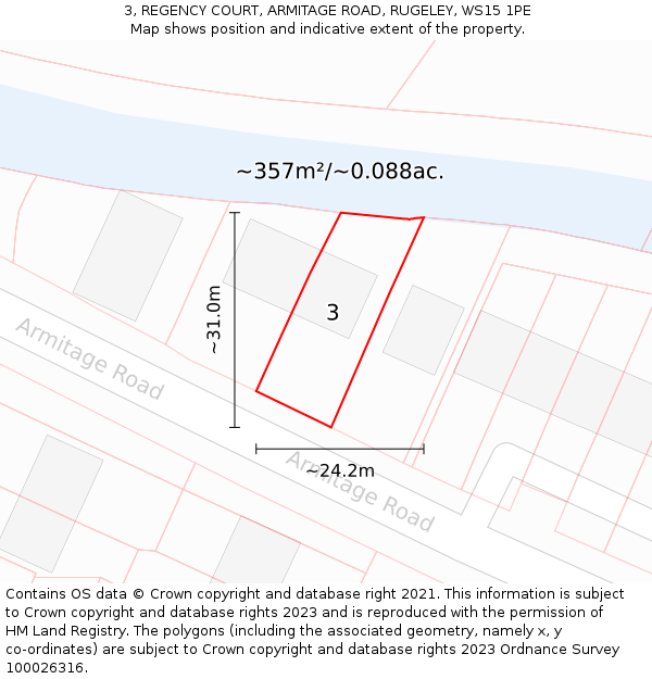 3, REGENCY COURT, ARMITAGE ROAD, RUGELEY, WS15 1PE: Plot and title map