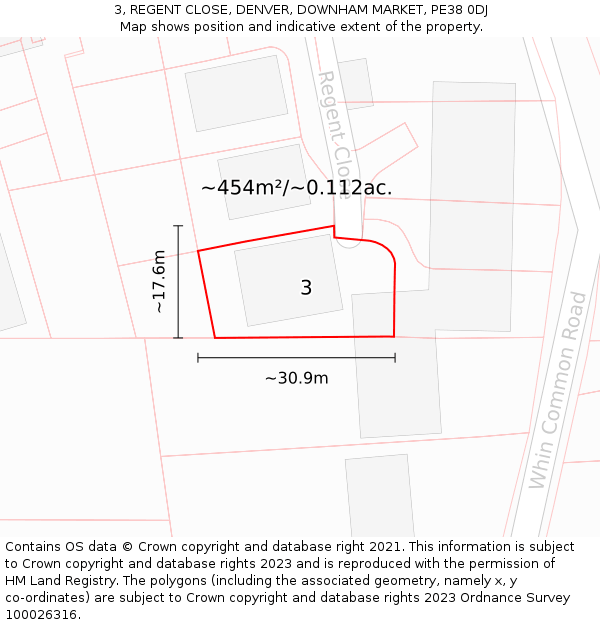 3, REGENT CLOSE, DENVER, DOWNHAM MARKET, PE38 0DJ: Plot and title map