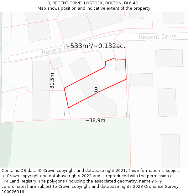 3, REGENT DRIVE, LOSTOCK, BOLTON, BL6 4DH: Plot and title map