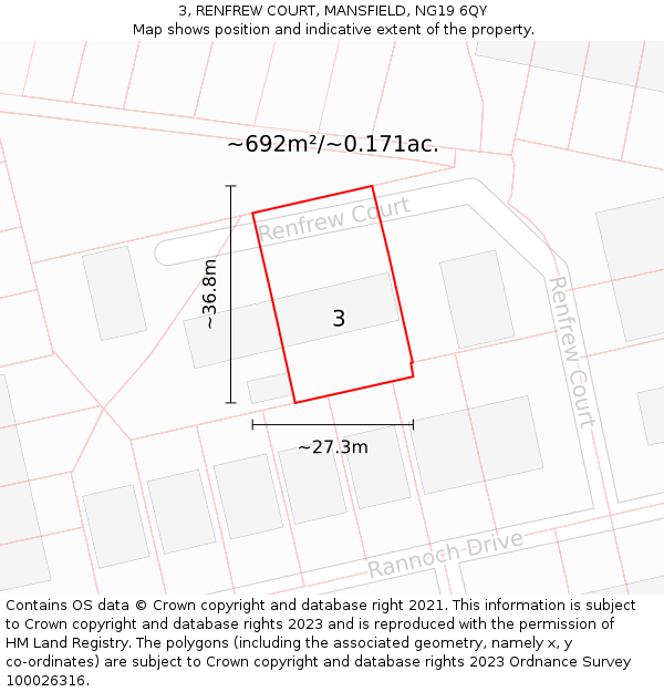 3, RENFREW COURT, MANSFIELD, NG19 6QY: Plot and title map