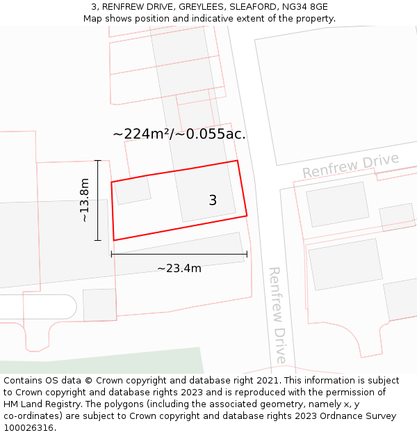 3, RENFREW DRIVE, GREYLEES, SLEAFORD, NG34 8GE: Plot and title map