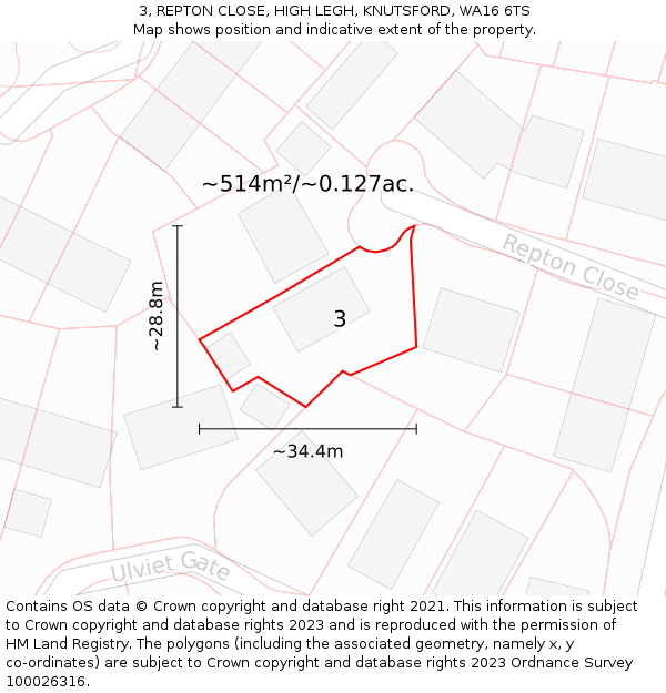 3, REPTON CLOSE, HIGH LEGH, KNUTSFORD, WA16 6TS: Plot and title map