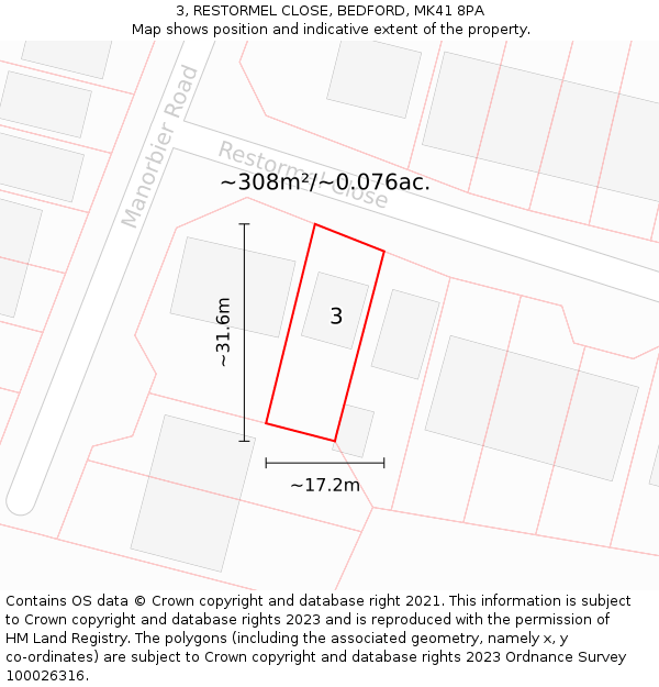 3, RESTORMEL CLOSE, BEDFORD, MK41 8PA: Plot and title map
