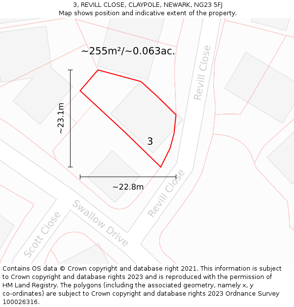 3, REVILL CLOSE, CLAYPOLE, NEWARK, NG23 5FJ: Plot and title map