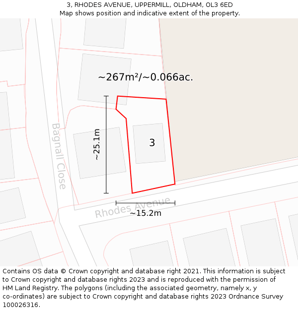 3, RHODES AVENUE, UPPERMILL, OLDHAM, OL3 6ED: Plot and title map