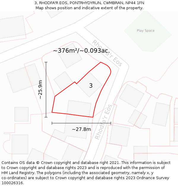 3, RHODFA'R EOS, PONTRHYDYRUN, CWMBRAN, NP44 1FN: Plot and title map