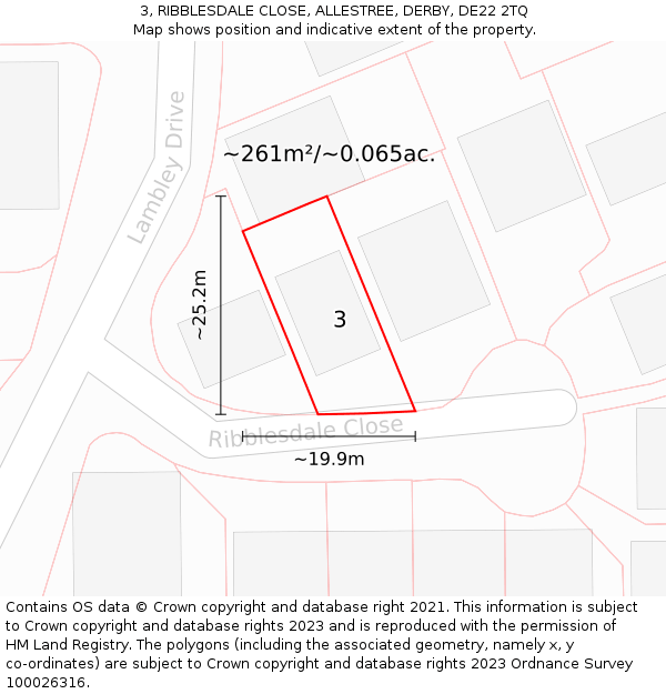3, RIBBLESDALE CLOSE, ALLESTREE, DERBY, DE22 2TQ: Plot and title map