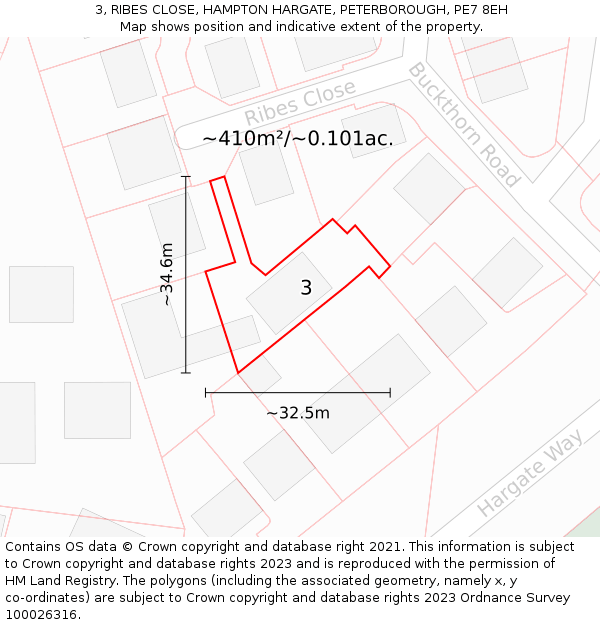 3, RIBES CLOSE, HAMPTON HARGATE, PETERBOROUGH, PE7 8EH: Plot and title map