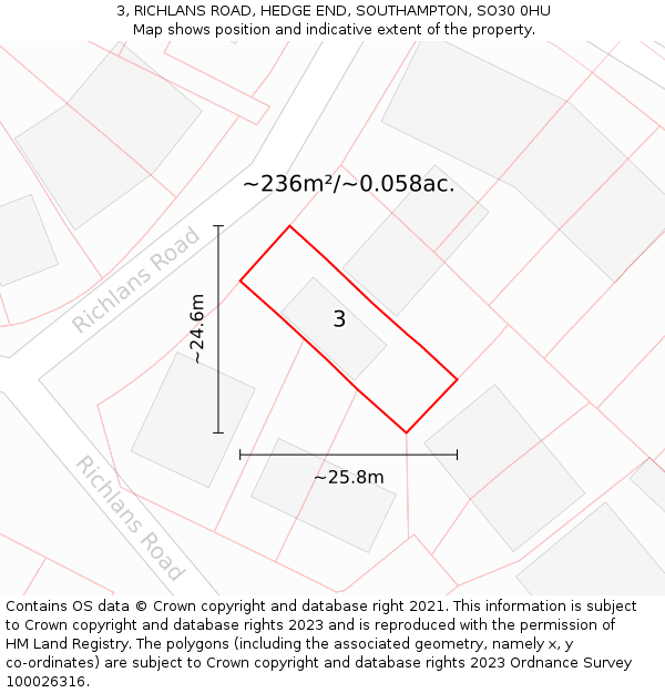 3, RICHLANS ROAD, HEDGE END, SOUTHAMPTON, SO30 0HU: Plot and title map
