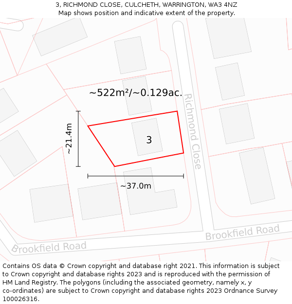 3, RICHMOND CLOSE, CULCHETH, WARRINGTON, WA3 4NZ: Plot and title map