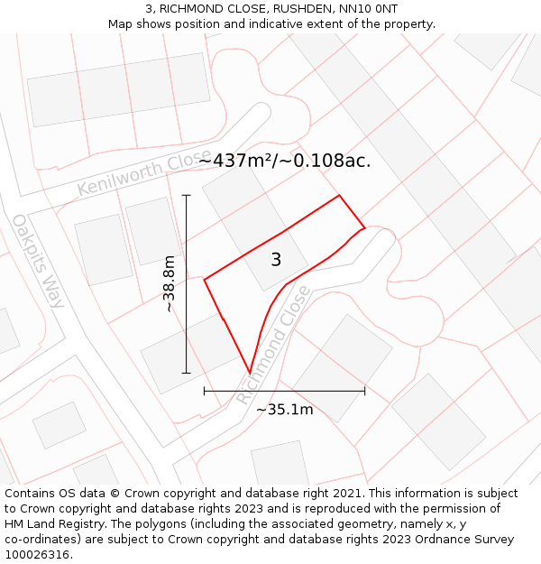 3, RICHMOND CLOSE, RUSHDEN, NN10 0NT: Plot and title map
