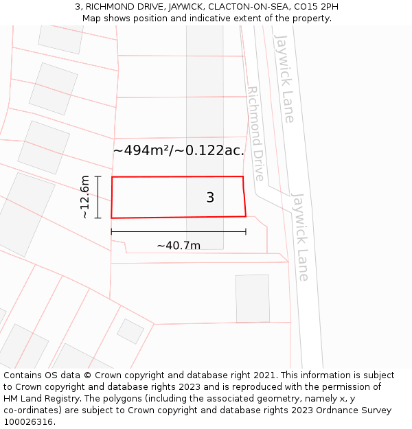 3, RICHMOND DRIVE, JAYWICK, CLACTON-ON-SEA, CO15 2PH: Plot and title map