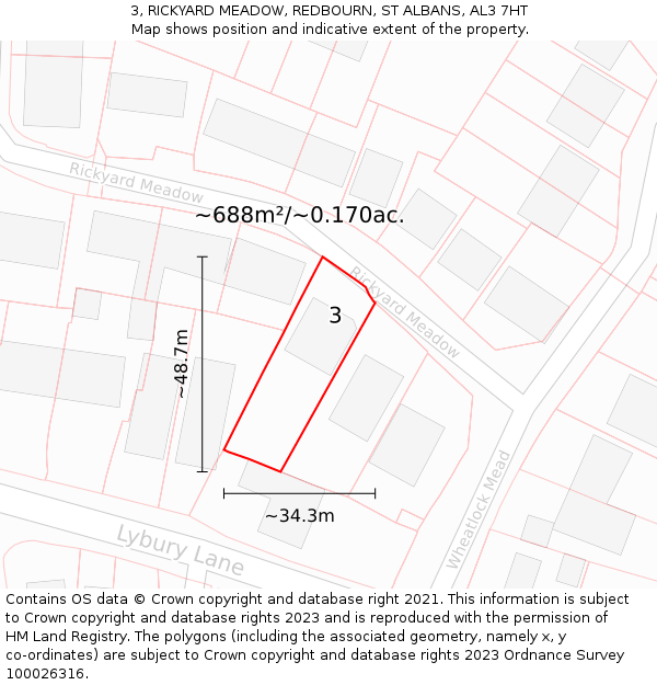 3, RICKYARD MEADOW, REDBOURN, ST ALBANS, AL3 7HT: Plot and title map