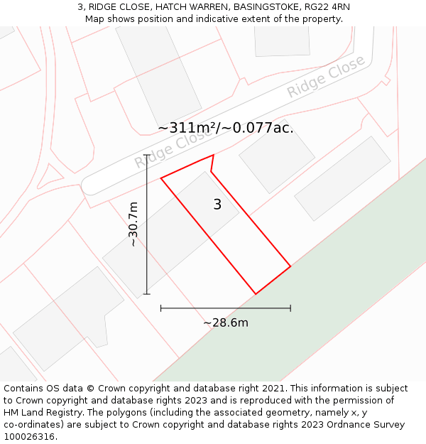 3, RIDGE CLOSE, HATCH WARREN, BASINGSTOKE, RG22 4RN: Plot and title map
