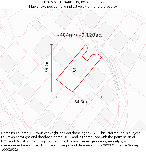 3, RIDGEMOUNT GARDENS, POOLE, BH15 4HE: Plot and title map