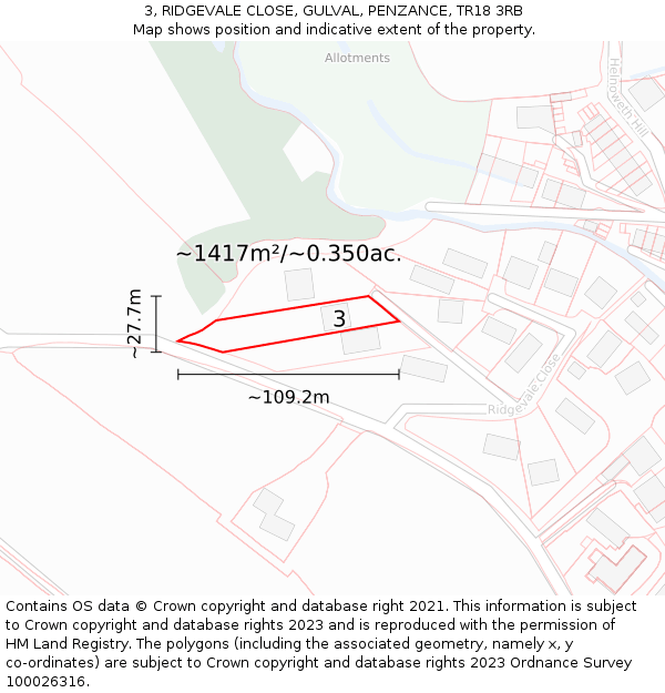 3, RIDGEVALE CLOSE, GULVAL, PENZANCE, TR18 3RB: Plot and title map