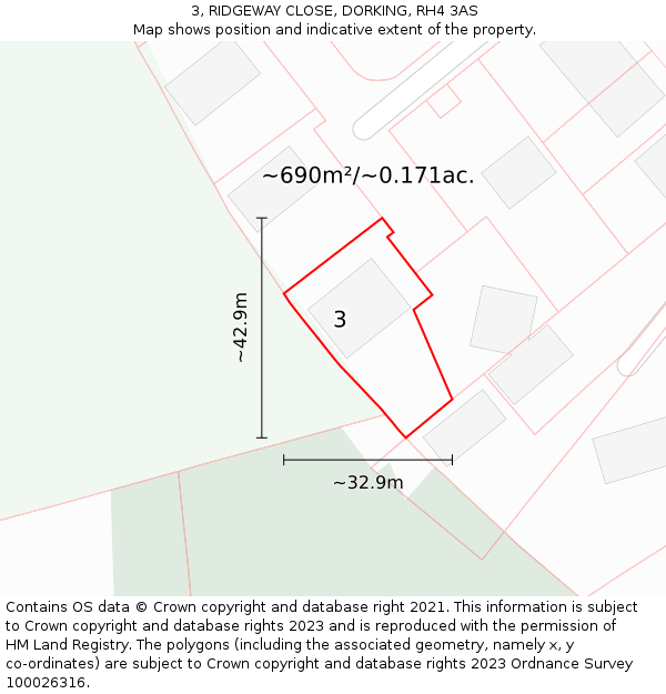 3, RIDGEWAY CLOSE, DORKING, RH4 3AS: Plot and title map