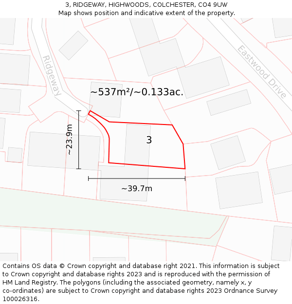 3, RIDGEWAY, HIGHWOODS, COLCHESTER, CO4 9UW: Plot and title map