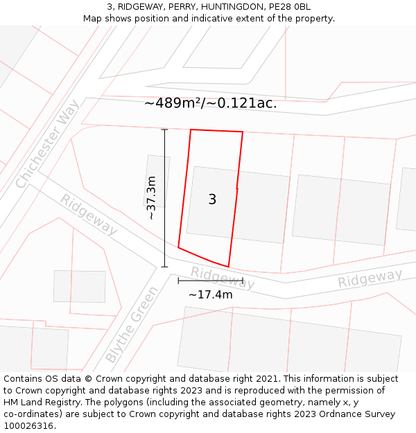 3, RIDGEWAY, PERRY, HUNTINGDON, PE28 0BL: Plot and title map