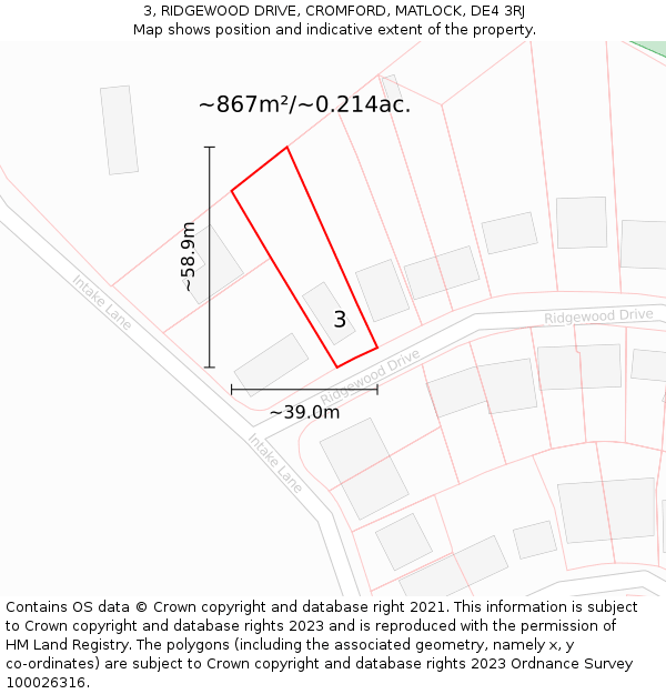 3, RIDGEWOOD DRIVE, CROMFORD, MATLOCK, DE4 3RJ: Plot and title map