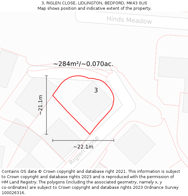 3, RIGLEN CLOSE, LIDLINGTON, BEDFORD, MK43 0US: Plot and title map