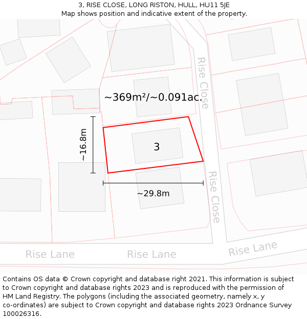 3, RISE CLOSE, LONG RISTON, HULL, HU11 5JE: Plot and title map