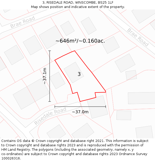 3, RISEDALE ROAD, WINSCOMBE, BS25 1LF: Plot and title map
