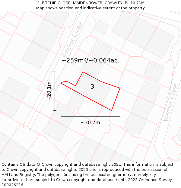 3, RITCHIE CLOSE, MAIDENBOWER, CRAWLEY, RH10 7NA: Plot and title map