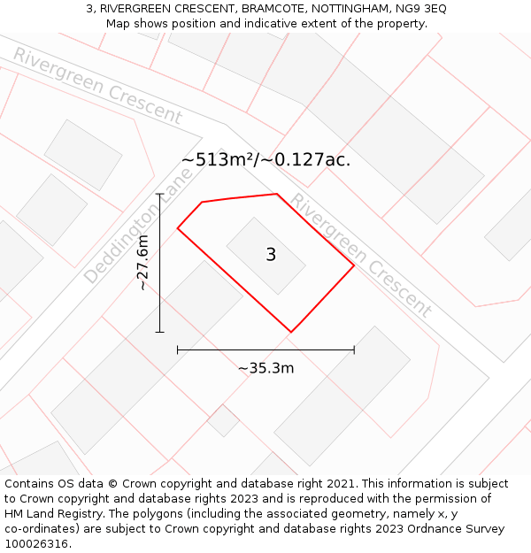 3, RIVERGREEN CRESCENT, BRAMCOTE, NOTTINGHAM, NG9 3EQ: Plot and title map