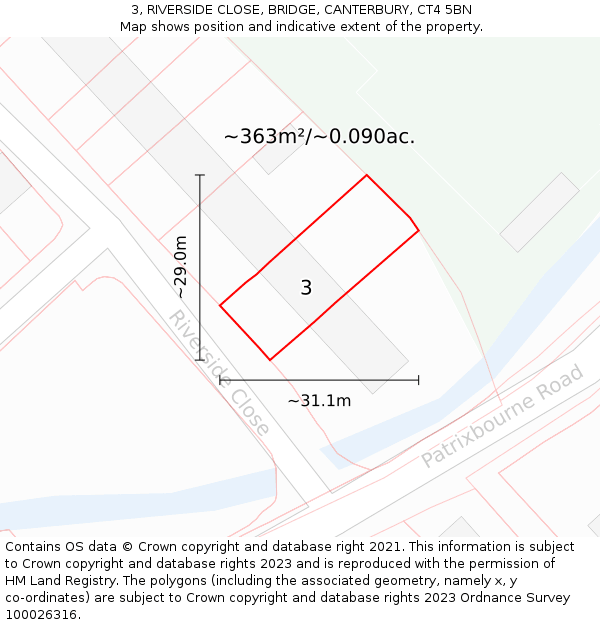 3, RIVERSIDE CLOSE, BRIDGE, CANTERBURY, CT4 5BN: Plot and title map