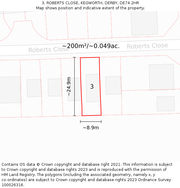 3, ROBERTS CLOSE, KEGWORTH, DERBY, DE74 2HR: Plot and title map