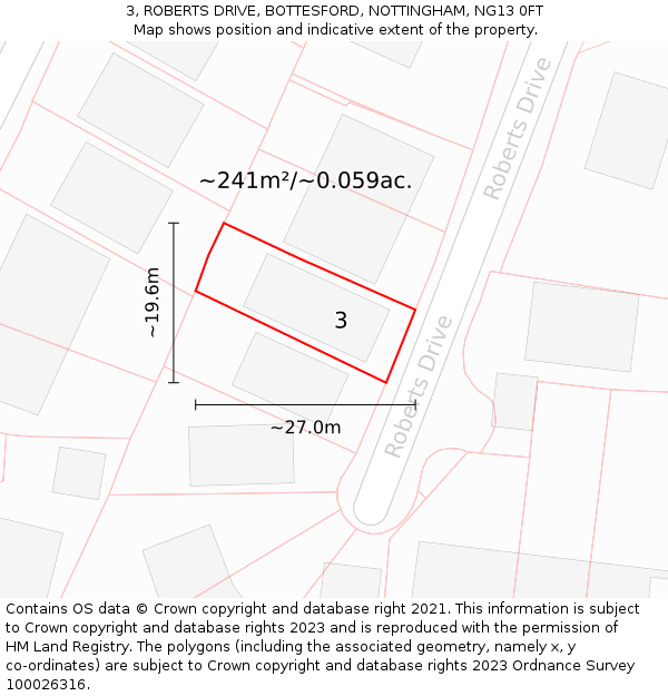 3, ROBERTS DRIVE, BOTTESFORD, NOTTINGHAM, NG13 0FT: Plot and title map