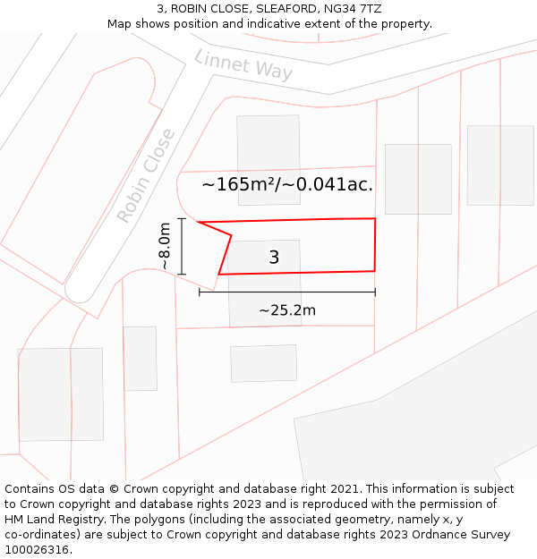 3, ROBIN CLOSE, SLEAFORD, NG34 7TZ: Plot and title map