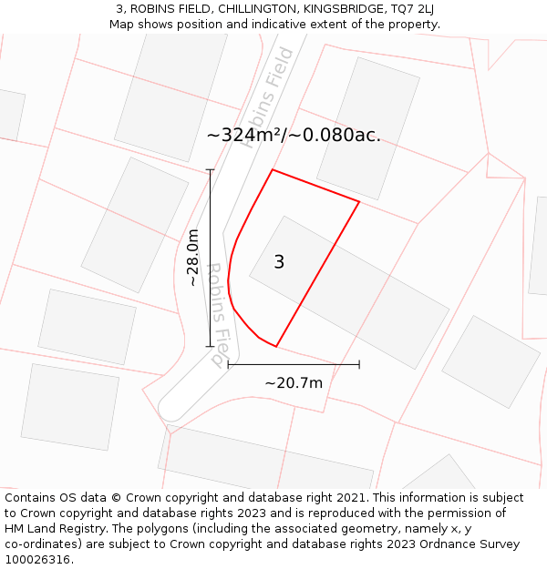 3, ROBINS FIELD, CHILLINGTON, KINGSBRIDGE, TQ7 2LJ: Plot and title map