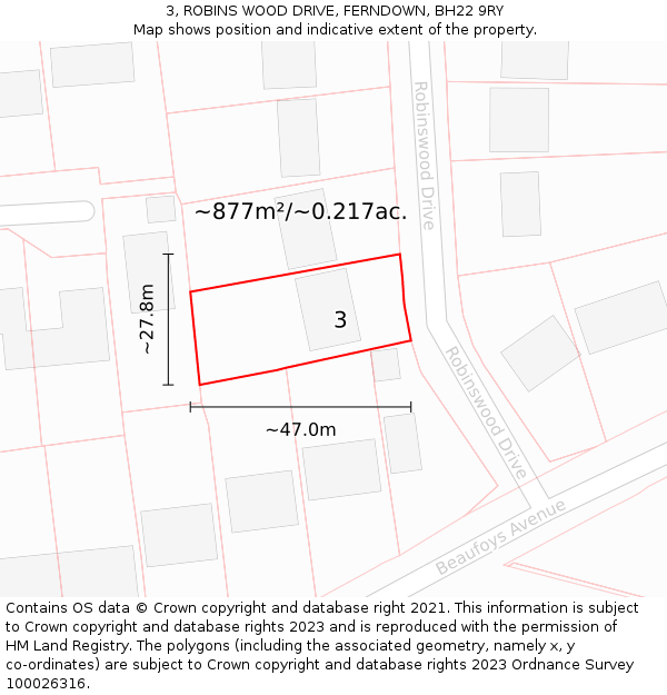 3, ROBINS WOOD DRIVE, FERNDOWN, BH22 9RY: Plot and title map